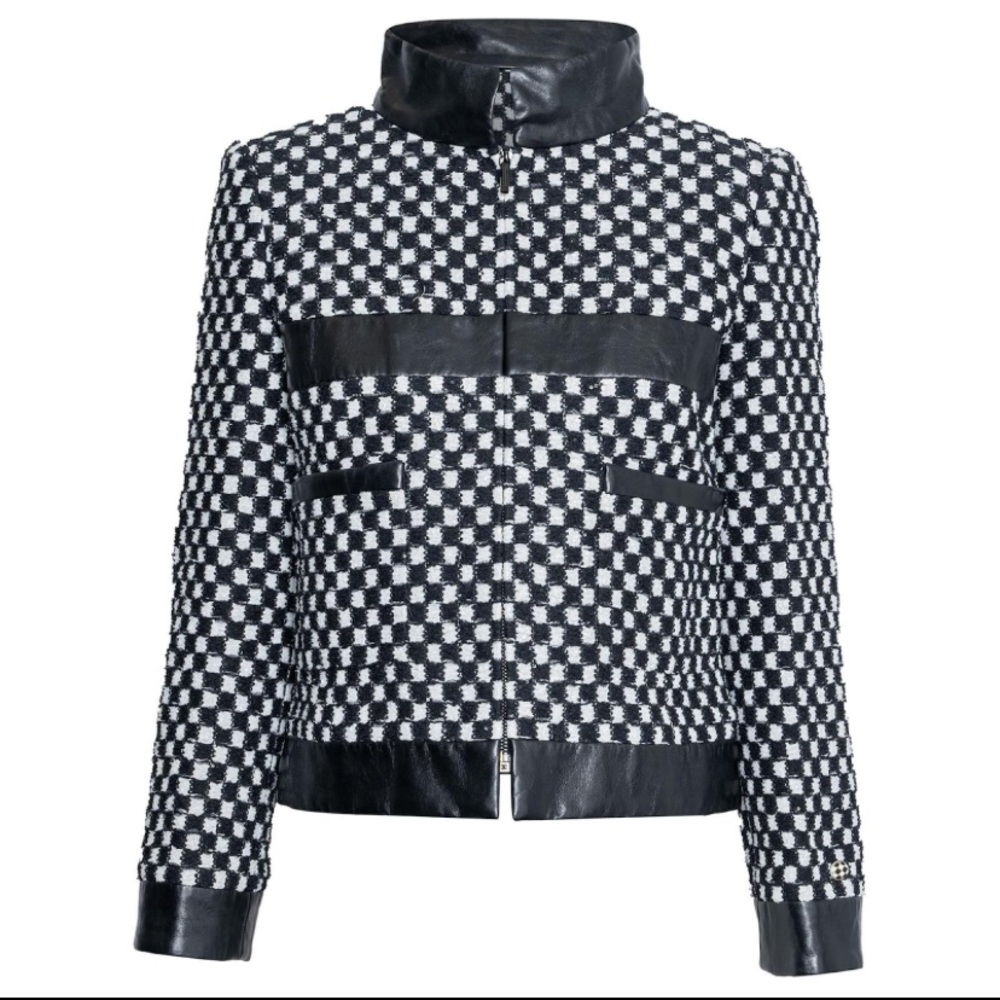 CHANEL Checkered Jacket and Skirt in Black and White with Lamb Leather Accents